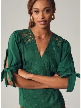 Anthropologie Tiny Ophelia Embroidered Top Emerald Green NWT Large